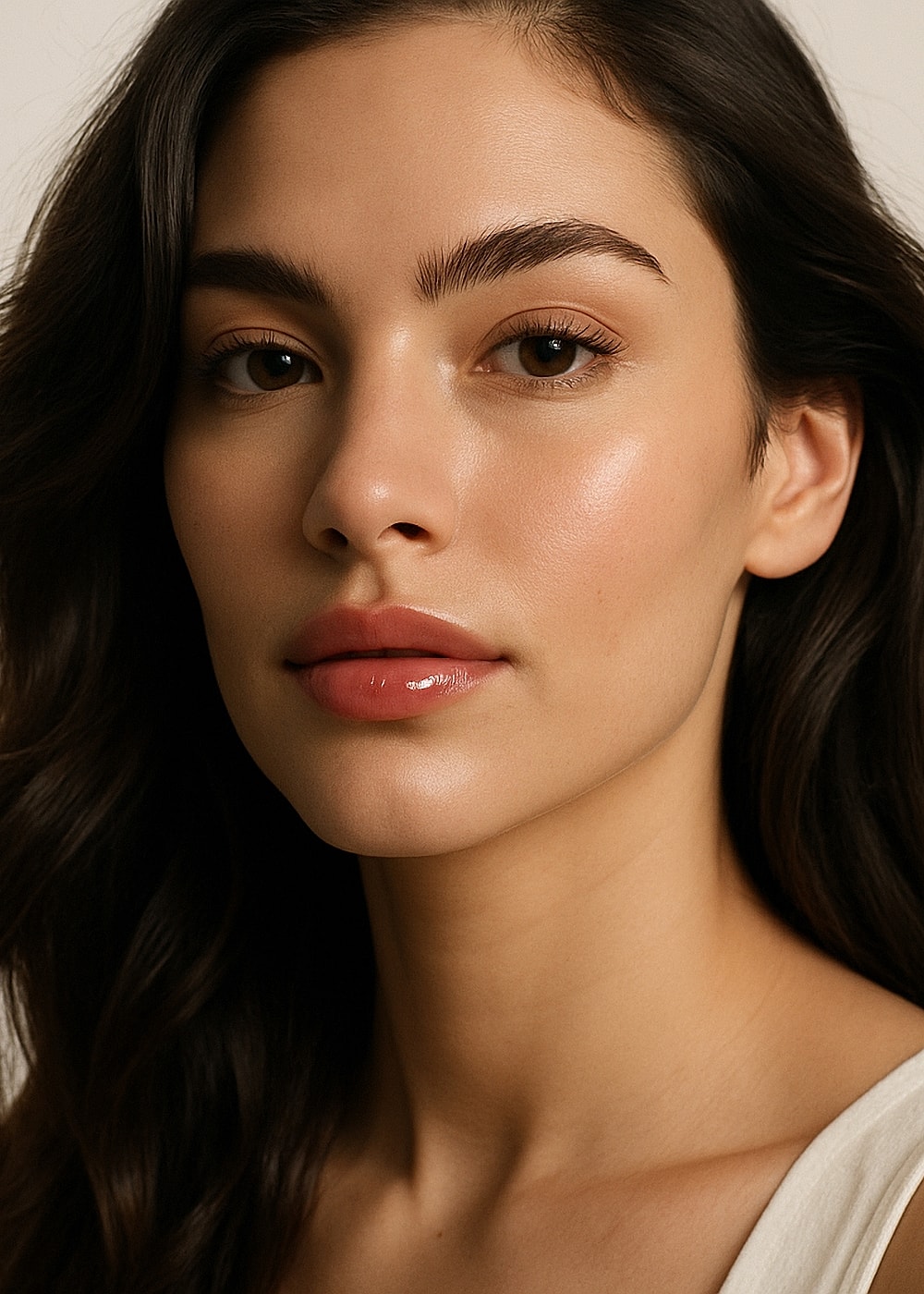 Close-up portrait of a woman with glossy lips.